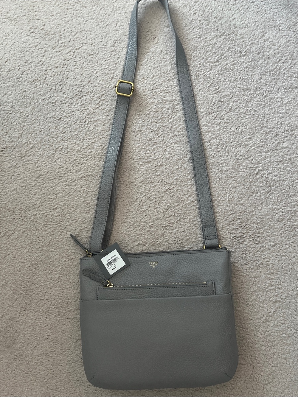 Fossil Gray Pebbled Leather Crossbody with Gold Hardware